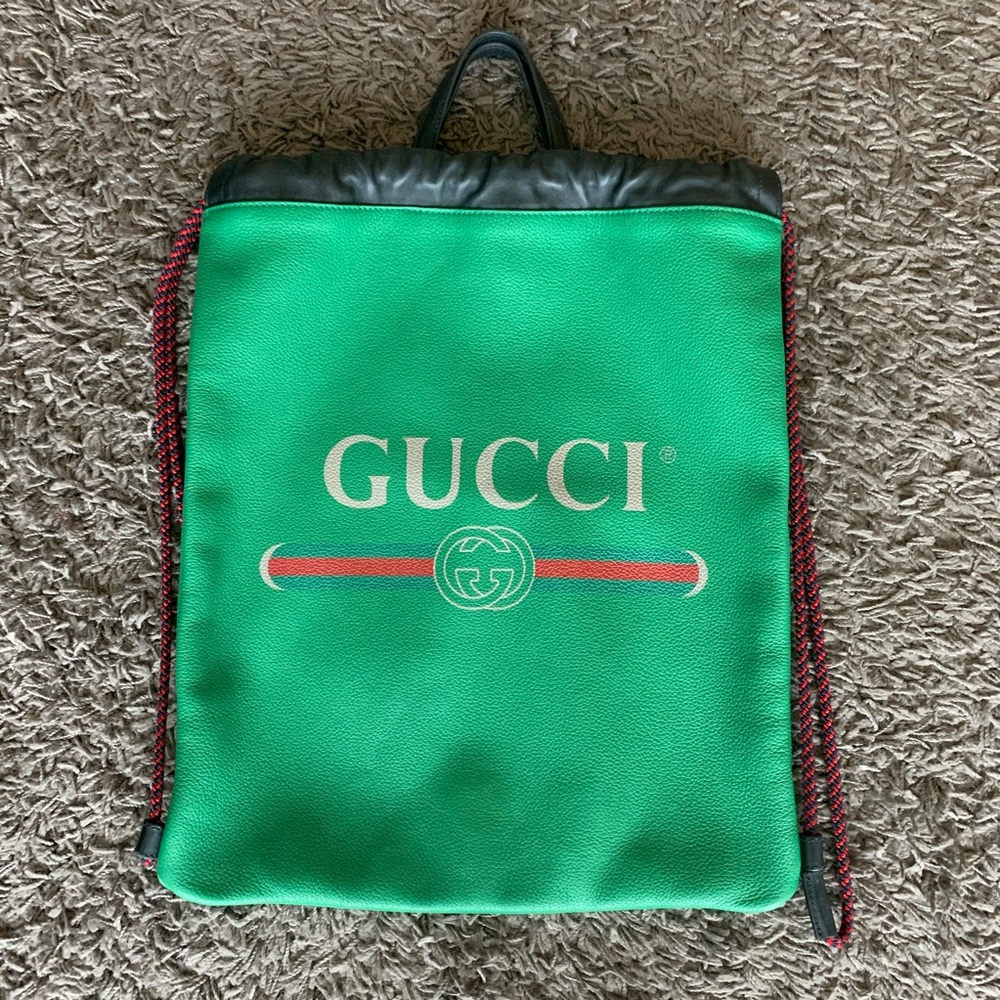 GUCCI Calfskin Logo Drawstring Backpack Green
